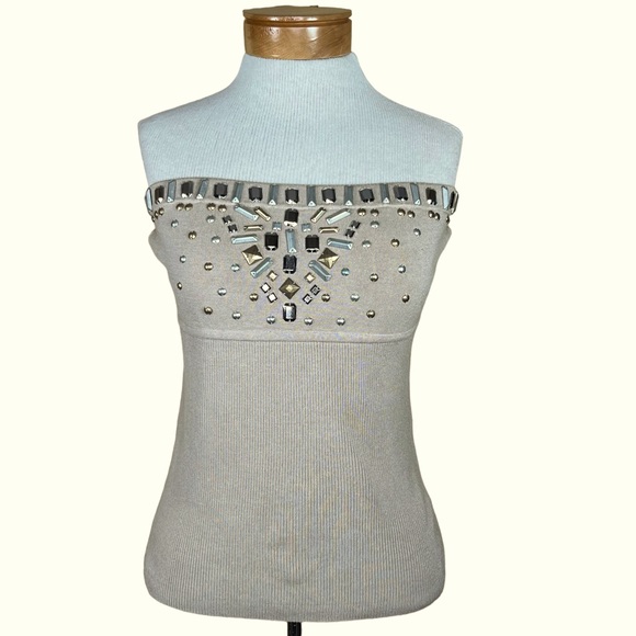 Cache Twin Set Tan Knit Bolero Shrug & Matching Tube Top With Rhinestone… - Picture 3 of 16